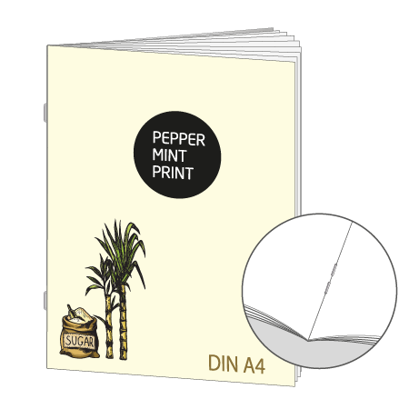 Broschüre aus Zuckerrohrpapier | DIN A4 28-Seiter | bedruckt